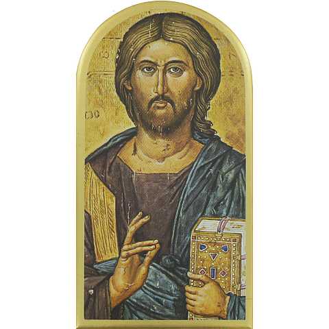 Quadro Gesù con il libro chiuso stampa su legno ad arco - 25 x 13,5 cm 