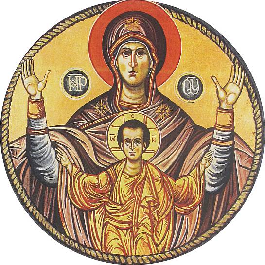 STOCK Quadro icona Madonna col Bambino stampa su legno tondo - 12,5 cm