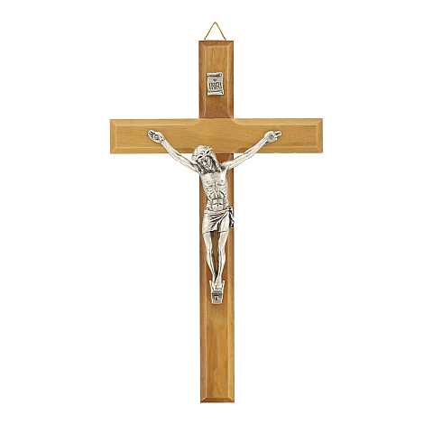 Crocifisso da parete in legno ulivo con Cristo in metallo ossidato - 17 cm