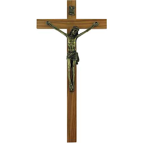 Crocifisso da parete in legno ulivo con Cristo in metallo ossidato - 30 cm