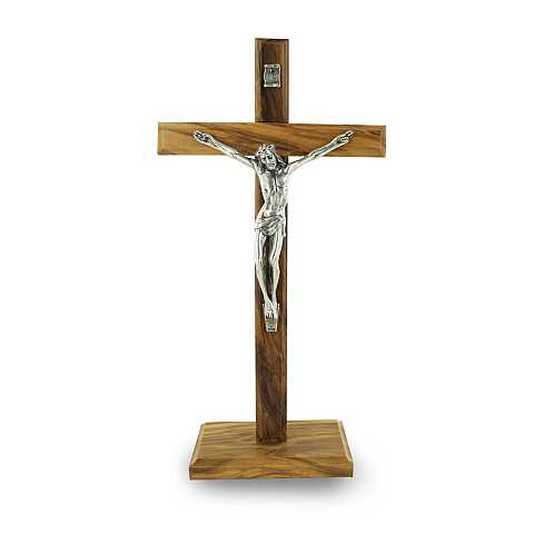 Crocifisso da tavolo con base in legno ulivo con Cristo in metallo ossidato - 22 cm