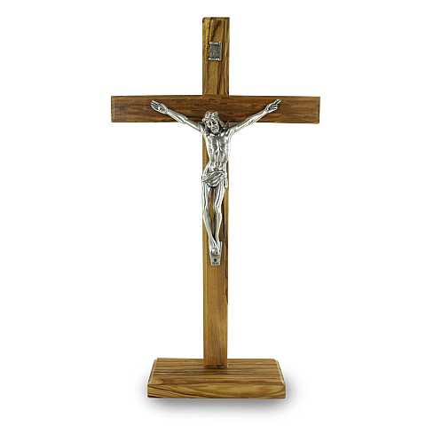 Crocifisso da Tavolo con Base, Legno d'Ulivo, Cristo in Metallo Ossidato, Altezza Croce 32 Centimetri