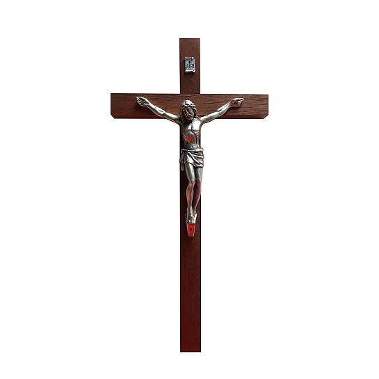 Crocifisso da parete in legno di mogano con Cristo in metallo - 30 cm