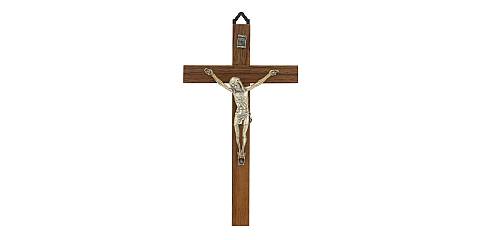 Crocifisso Tradizionale da Parete, Croce in Legno di Noce e Corpo di Cristo in Metallo, 17 Cm