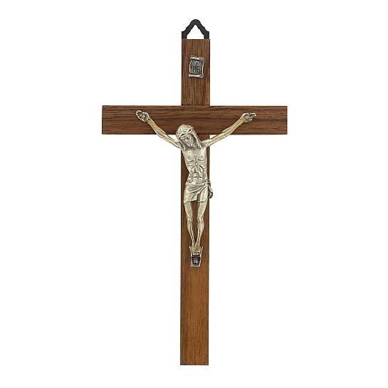 Crocifisso Tradizionale da Parete, Croce in Legno di Noce e Corpo di Cristo in Metallo, 17 Cm