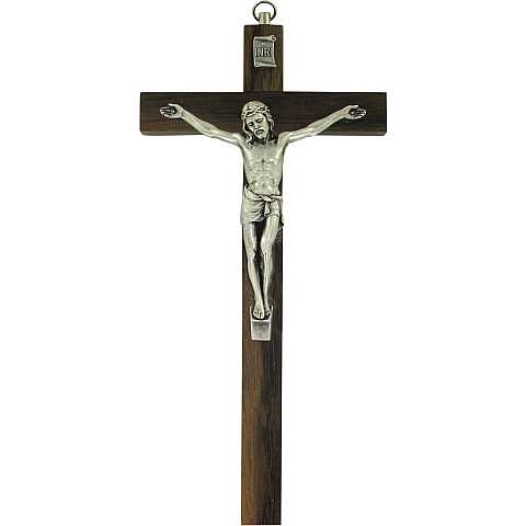 Crocifisso da parete in legno di noce con Cristo in metallo - 30 cm