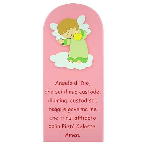 Pala Angelo di Dio in legno colorato rosa con angelo verde cm 28x12