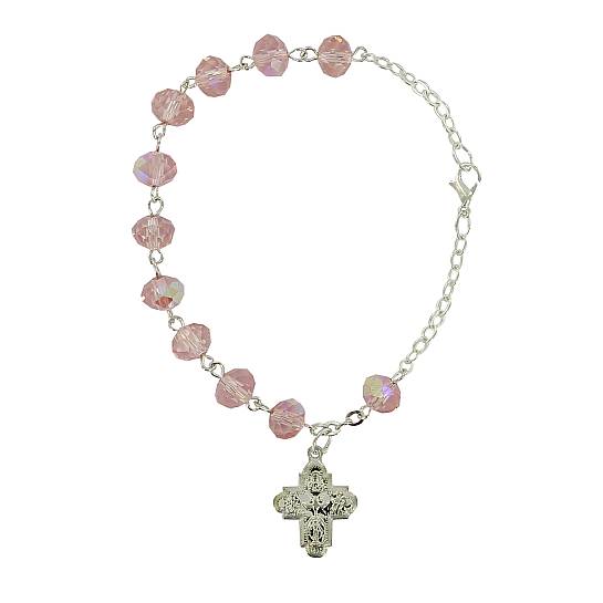 Braccialetto-rosario con 11 grani di colore rosa e croce 