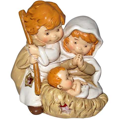 Natività in resina colorata, decorazione natalizia/soprammobile con luce, piccolo presepe con Sacra Famiglia, 8,5 x 10 cm