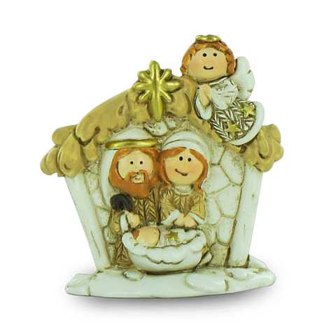 Natività in resina colorata, decorazione natalizia/soprammobile, Sacra Famiglia con capanna e angelo, 4,5 x 5 cm