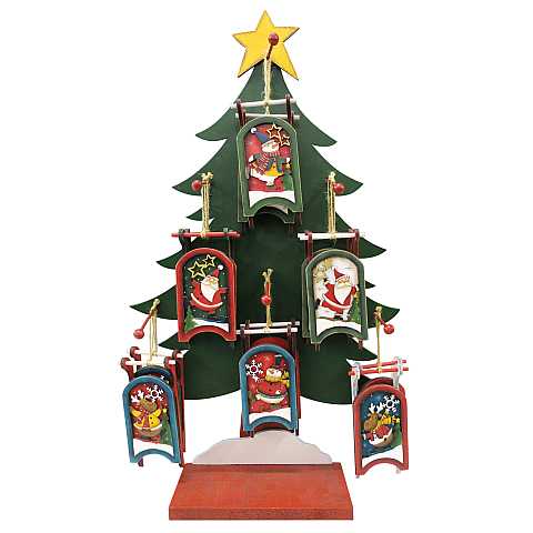 Addobbi Natalizi albero: 36 Babbo Natale in legno con espositore a forma di albero