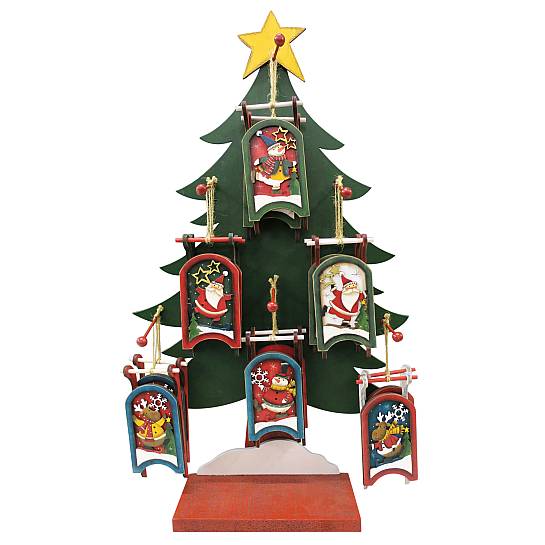 Addobbi Natalizi albero: 36 Babbo Natale in legno con espositore a forma di albero