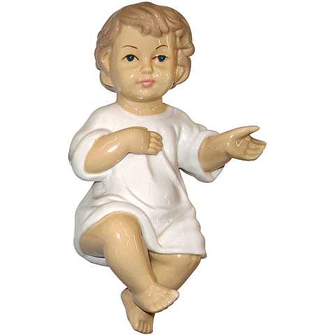Statua Gesù Bambino Per Presepe, Sdraiato Con Occhi Aperti, Ceramica Lucida, 23 Centimetri