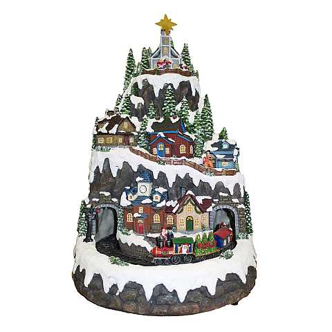 Villaggio natalizio su montagna innevata con treno in movimento, luci, musica (32,5 x 50 x 31 cm)