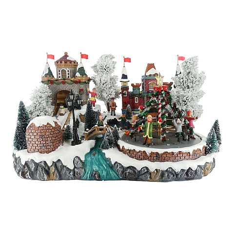 Villaggio natalizio con giostra decorata e pista da bob, con movimento, luci, musica (41 x 25 x 32 cm)