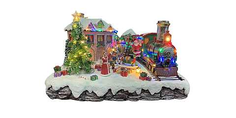 Decorazione Natalizia con Casa Addobbata, Albero di Natale e Treno dei Regali, con Movimento, Luci e Musica
