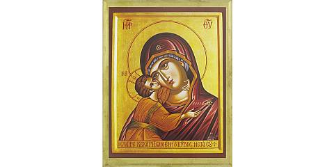 STOCK: Tavola Madonna della Tenerezza con manto rosso stampa su legno - 10 x 6,5 cm 
