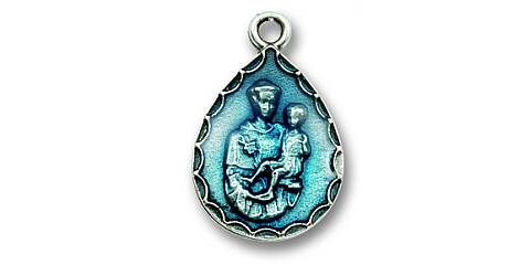 Medaglia Sant Antonio a forma di goccia in metallo ossidato con smalto