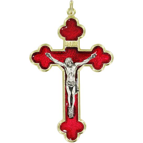 Croce in metallo dorato con smalto rosso - 8,5 cm