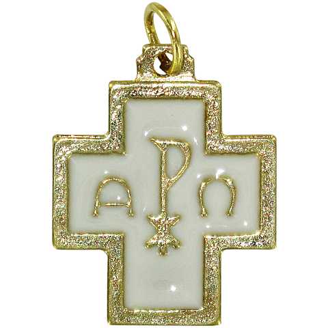 STOCK: Croce alfa e omega metallo dorato con smalto bianco - 2 cm