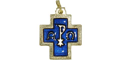 STOCK: Croce alfa e omega in metallo dorato con smalto blu - 2 cm