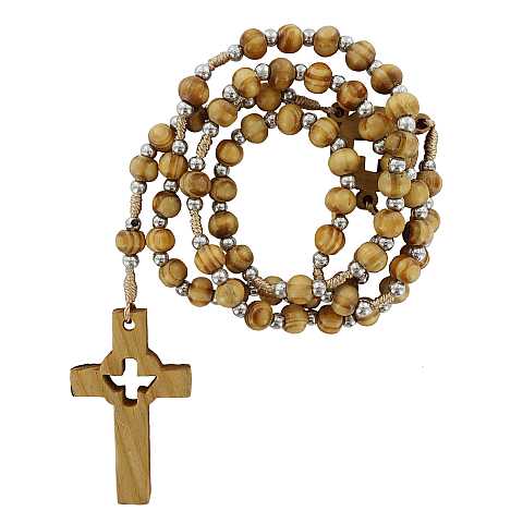 Rosario in legno d'ulivo, rosario cattolico con medaglia e croce in ulivo traforata con Spirito Santo