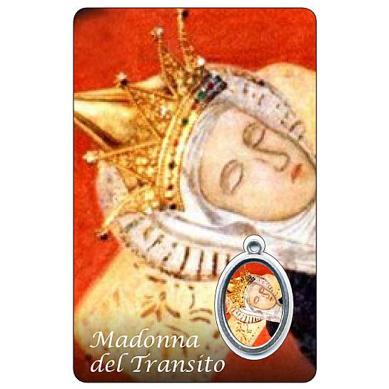 Card Madonna del Transito con medaglia resinata - 5,5 x 8,5 cm - in italiano