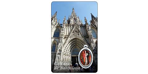 Card Cattedrale di Barcelona con medaglia resinata di Santa Eulalia - 5,5 x 8,5 cm - in spagnolo