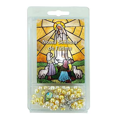 Rosario perlina bianca e oro con immagine della Madonna di Fatima