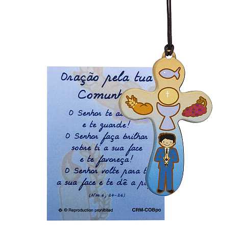 Croce eucaristia per bambino con laccio e  preghiera in portoghese