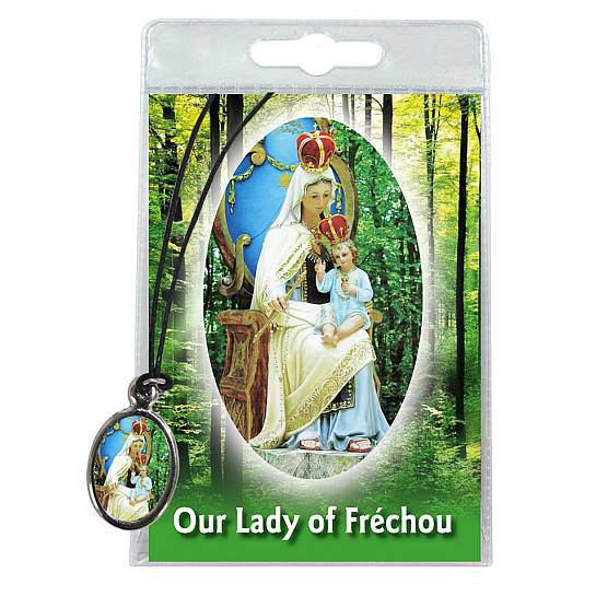 Medaglia Madonna di Frechou con laccio e preghiera in inglese
