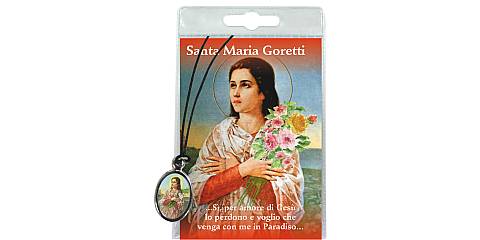 Medaglia di Santa Maria Goretti con cordino, in blister trasparente con preghiera, testi in italiano