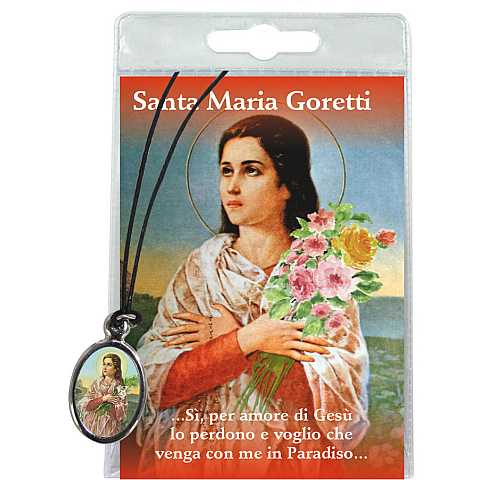 Medaglia di Santa Maria Goretti con cordino, in blister trasparente con preghiera, testi in italiano
