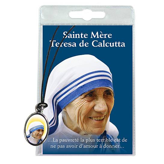 Medaglia Santa Madre Teresa di Calcutta con laccio e preghiera in francese