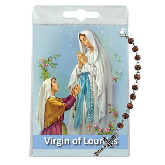 Decina della Madonna di Lourdes con blister trasparente e preghiera - inglese