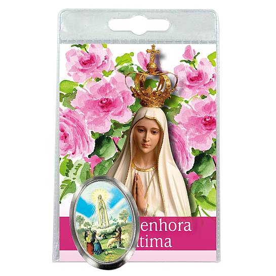 Calamita Madonna di Fatima in metallo nichelato con preghiera in portoghese