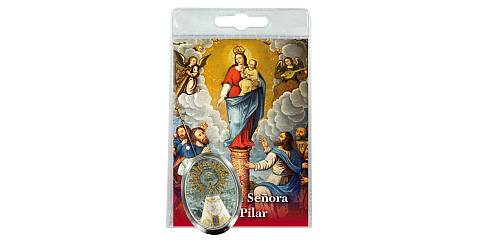 Calamita Madonna del Pilar in metallo nichelato con preghiera in spagnolo