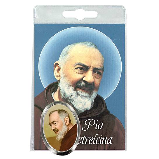 Calamita San Pio in metallo nichelato con preghiera in inglese