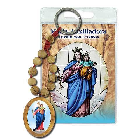 Portachiavi Madonna Ausiliatrice con decina in ulivo e preghiera in portoghese