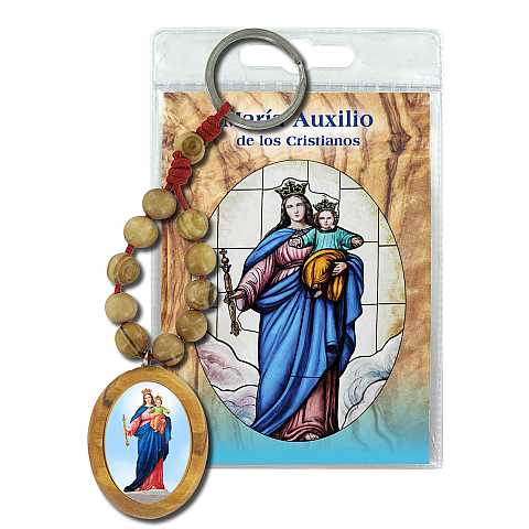 Portachiavi Madonna Ausiliatrice con decina in ulivo e preghiera in spagnolo