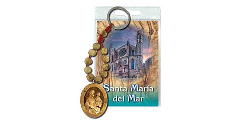 Portachiavi Basilica Santa Maria del Mar con decina in ulivo e preghiera in spagnolo