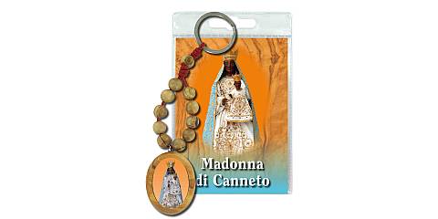 Portachiavi Madonna di Canneto con decina in ulivo e preghiera in italiano