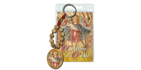 Portachiavi Madonna della Certosa di Pesio con decina in ulivo e preghiera in italiano
