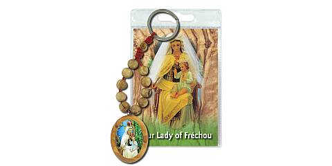 Portachiavi Madonna di Frechou con decina in ulivo e preghiera in inglese