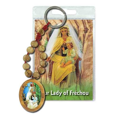 Portachiavi Madonna di Frechou con decina in ulivo e preghiera in inglese