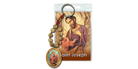 Portachiavi San Giuseppe con decina in ulivo e preghiera in inglese