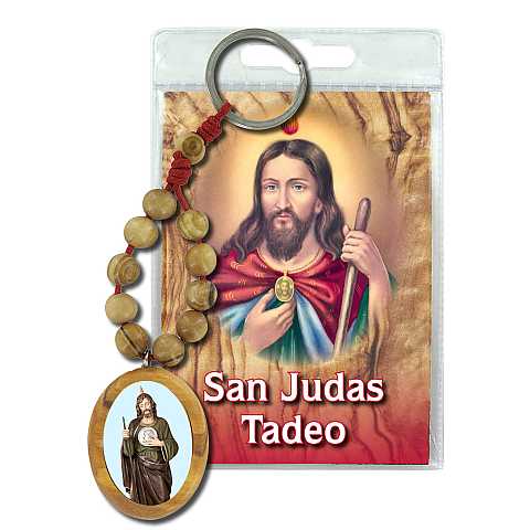 Portachiavi San Giuda Taddeo con decina in ulivo e preghiera in spagnolo