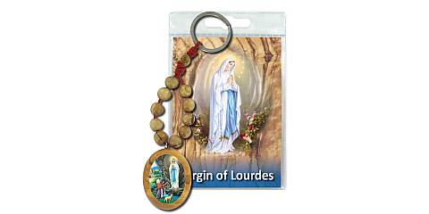 Portachiavi Madonna di Lourdes con decina in ulivo e preghiera in inglese