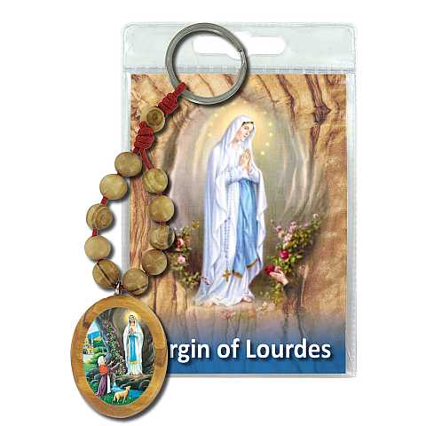 Portachiavi Madonna di Lourdes con decina in ulivo e preghiera in inglese