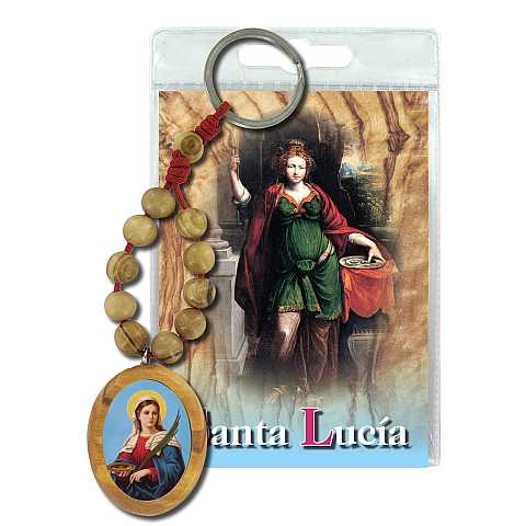 Portachiavi Santa Lucia con decina in ulivo e preghiera in spagnolo